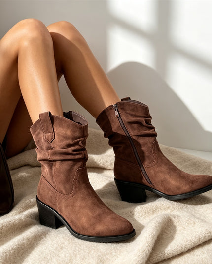 Botine de dama, din piele ecologică întoarsă, cu toc gros, BD1023,Maro