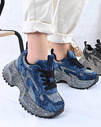 Pantofi Sport De Dama din Piele ecologica cu Strasui, D1463 - Albastru Inchis