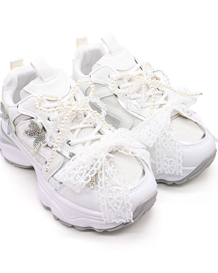 Pantofi sport De dama cu inseretii din plasa, cu Funda din perle, D1400 - Alb
