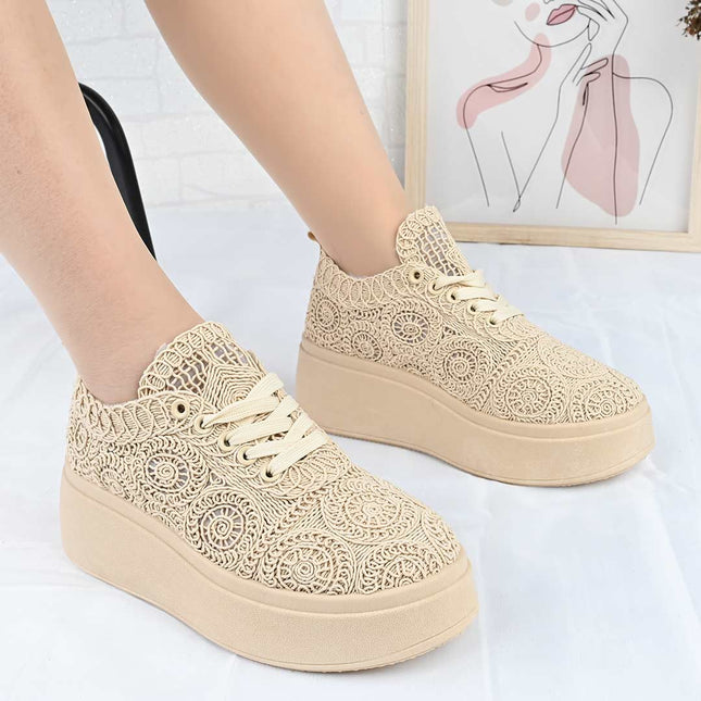 Pantofi Sport De Dama din material textil, D1493 - Bej