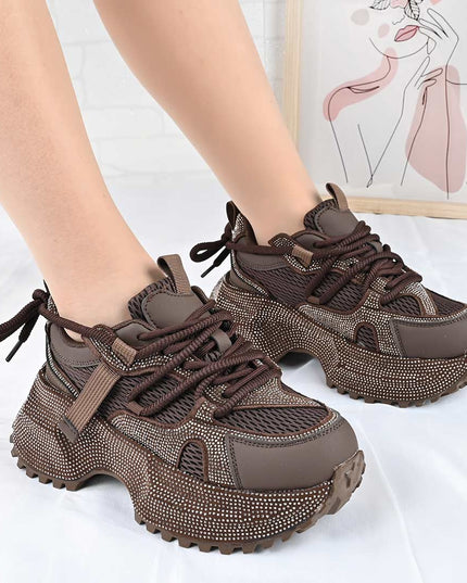 Pantofi Sport De Dama din Piele ecologica cu Strasui, D1462 - Maro