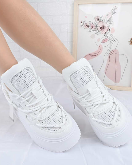 Pantofi Sport De Dama din Piele ecologica cu Strasui, D1500 - Alb