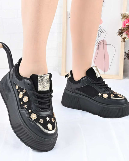 Pantofi Sport De Dama din Piele Ecologica, cu Platforma, D1496 - Negru