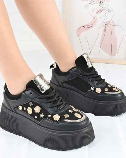 Pantofi Sport De Dama din Piele Ecologica, cu Platforma, D1496 - Negru