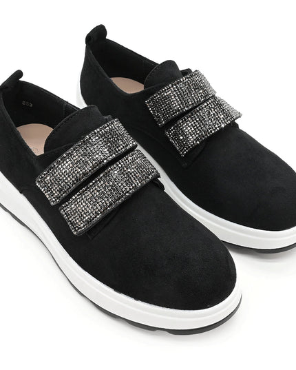 Pantofi casual de dama din piele ecologica intoarsa, cu scai, P1233 - Negru cu Alb