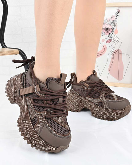 Pantofi Sport De Dama din Piele ecologica cu Strasui, D1462 - Maro