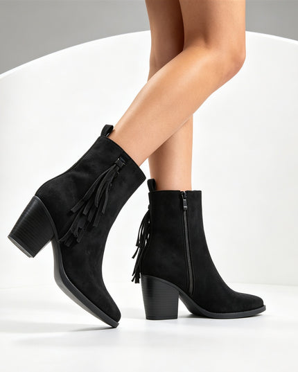 Botine de damă ,Din piele ecologică întoarsă, cu franjuri și toc gros,BD1019,Negre