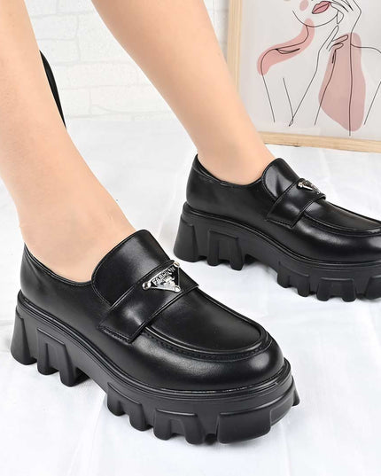 Pantofi casual de dama cu platforma, din piele ecologica, P1302 - Negru