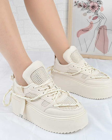 Pantofi Sport De Dama din Piele ecologica cu Strasui, D1500 - Bej