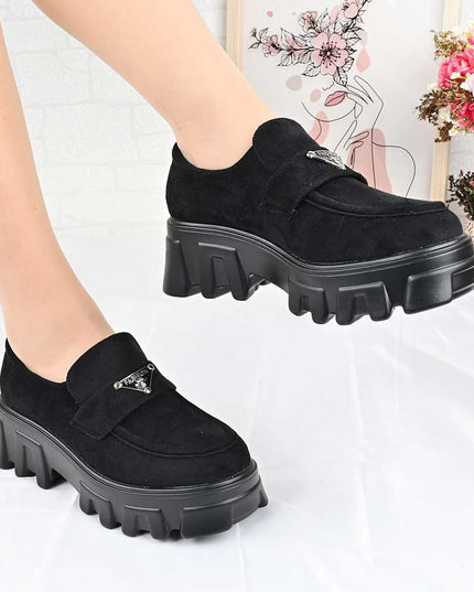 Pantofi casual de dama cu platforma, din piele ecologica intoarsa, P1303 - Negru