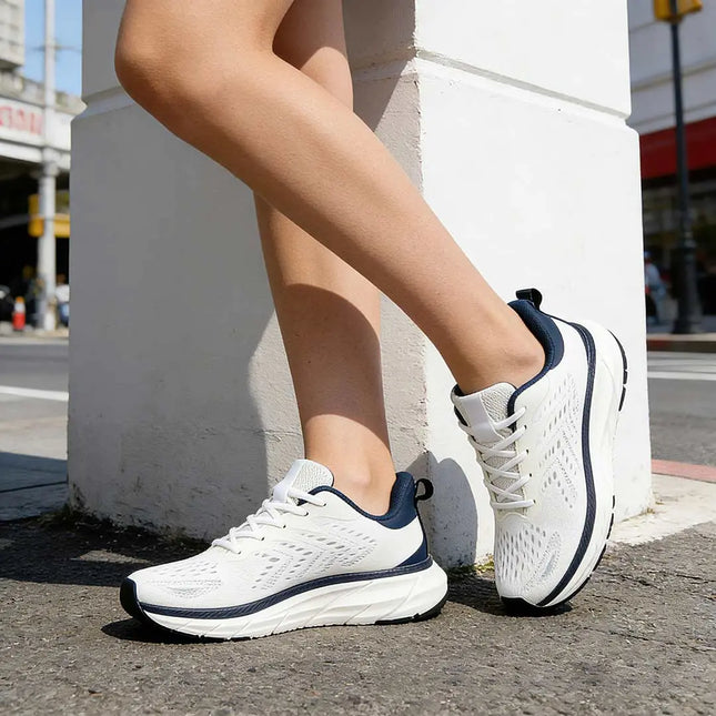 Pantofi sport de dama, 0144, usori, din material textil, Alb cu albastru OEM