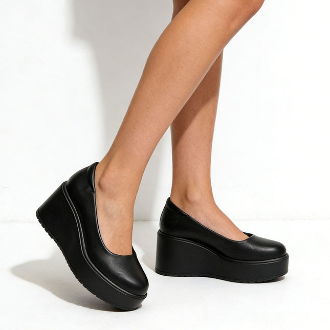 Pantofi casual de dama,Din piele ecologica intoarsa,Cu platforma,P1260, Negru