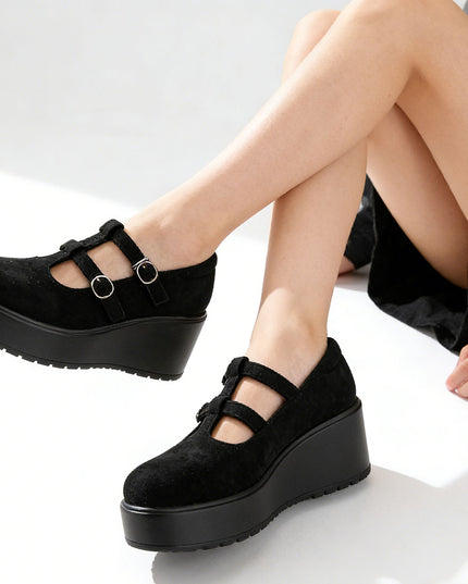 Pantofi casual de dama din piele ecologica intoarsa, cu Platforma, P1282 - Negru