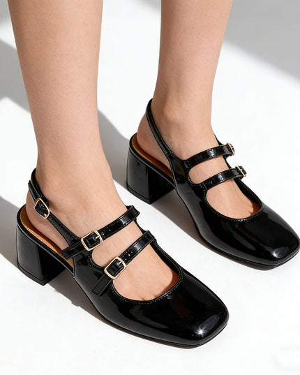 Pantofi casual de dama cu Toc Groasa, din piele ecologica, P1290 - Negru