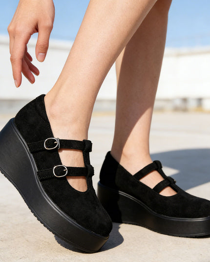 Pantofi casual de dama din piele ecologica intoarsa, cu Platforma, P1282 - Negru