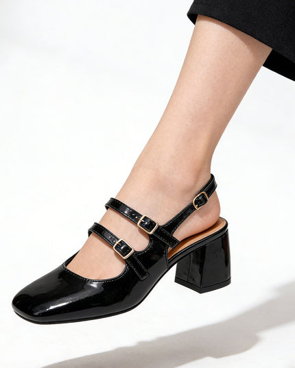 Pantofi casual de dama cu Toc Groasa, din piele ecologica, P1290 - Negru