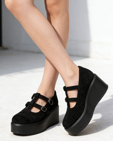 Pantofi casual de dama din piele ecologica intoarsa, cu Platforma, P1282 - Negru