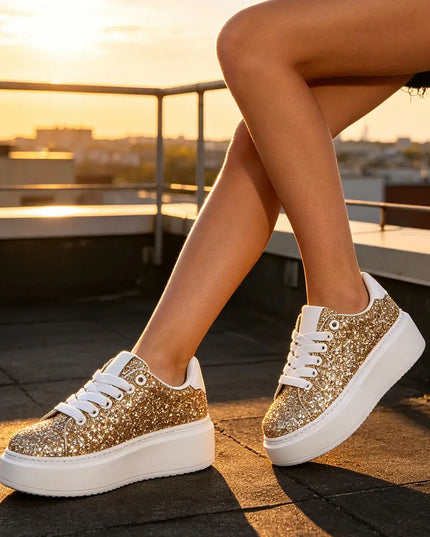 Pantofi sport inalti de dama,Din Piele ecologica,Glitter,D1318,Auriu OEM