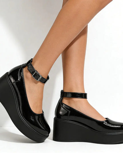 Pantofi casual de dama,Din piele ecologica,P1261,Cu platforma,Negru Lucios OEM