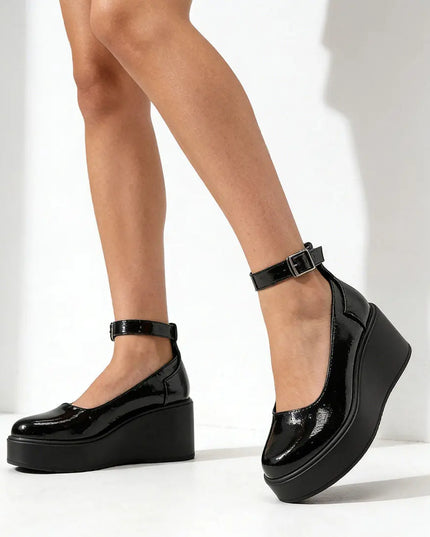 Pantofi casual de dama,Din piele ecologica,P1261,Cu platforma,Negru Lucios OEM