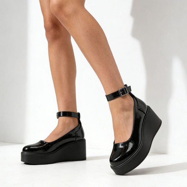 Pantofi casual de dama,Din piele ecologica,P1261,Cu platforma,Negru Lucios