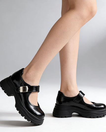 Pantofi casual de dama cu Toc Groasa, din piele ecologica, P1289 - Negru