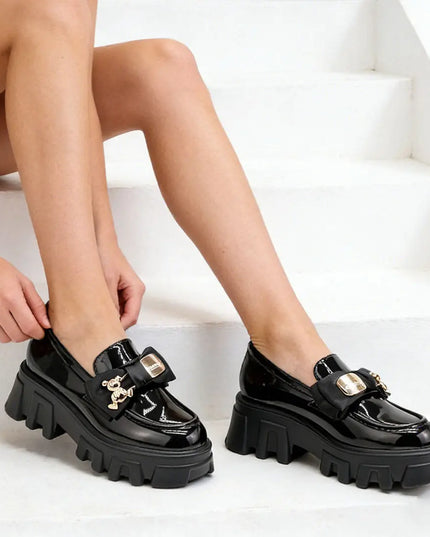 Pantofi casual de dama,Din piele ecologica lacuita,Cu fundita mantarme,P1298,Negru OEM