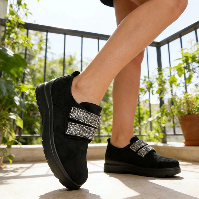 Pantofi casual de dama,Din piele ecologica intoarsa,Cu scai,P1233,Negru OEM