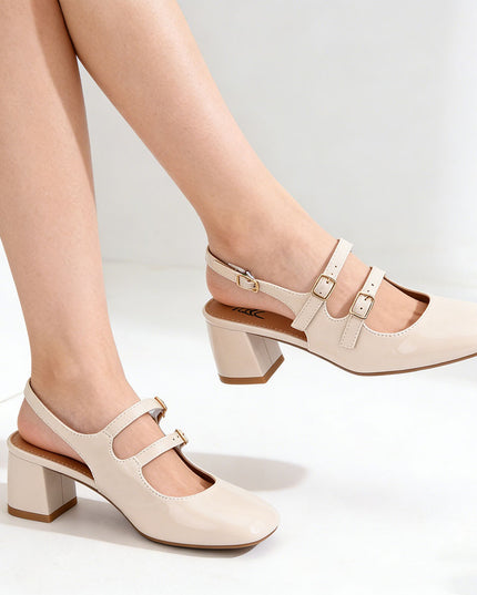 Pantofi casual de dama cu Toc Groasa, din piele ecologica, P1290 - Bej