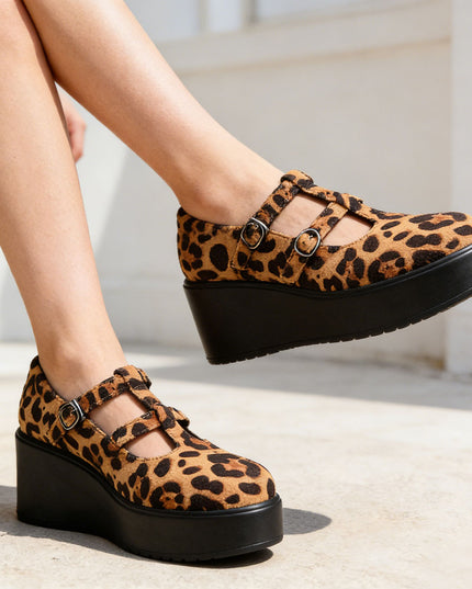Pantofi casual de dama din piele ecologica intoarsa, cu Platforma, P1282 - Leopard