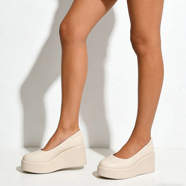 Pantofi casual de dama,Din piele ecologica,Cu platforma,P1258, Bej Lucios OEM
