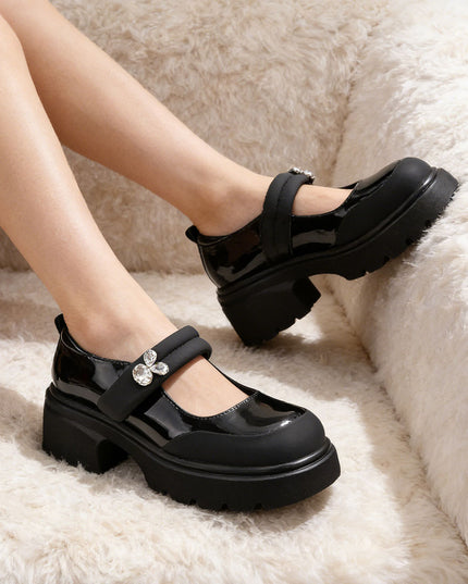 Pantofi casual de dama cu Toc Groasa, din piele ecologica, PA1263 - Negru Lucios