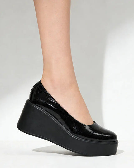 Pantofi casual de dama,Din piele ecologica,Cu platforma,P1258, Negru Lucios OEM