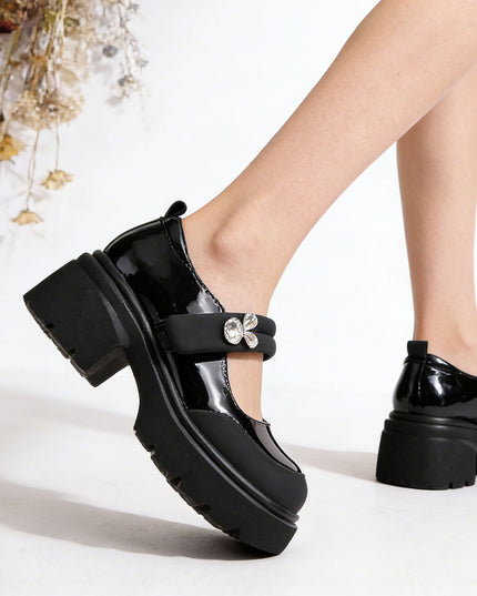 Pantofi casual de dama cu Toc Groasa, din piele ecologica, PA1263 - Negru Lucios