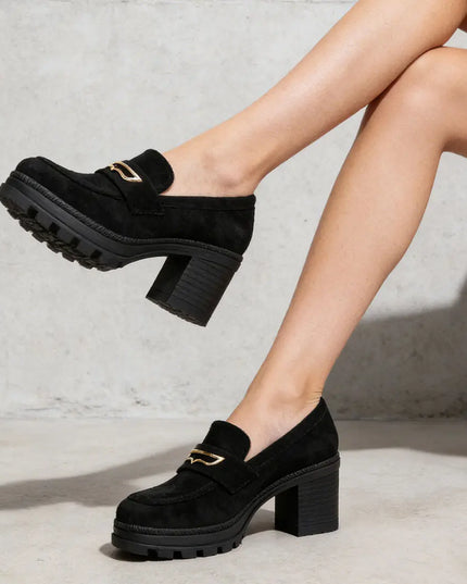 Pantofi casual de dama,Din piele ecologica,Cu toc gros,P1248,Negru OEM