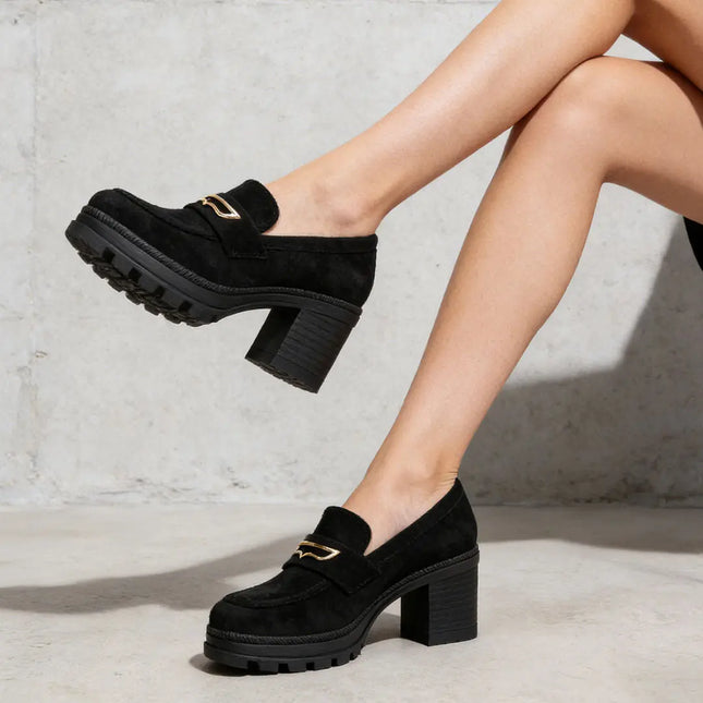Pantofi casual de dama,Din piele ecologica,Cu toc gros,P1248,Negru OEM