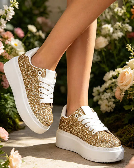 Pantofi sport inalti de dama,Din Piele ecologica,Glitter,D1318,Auriu OEM