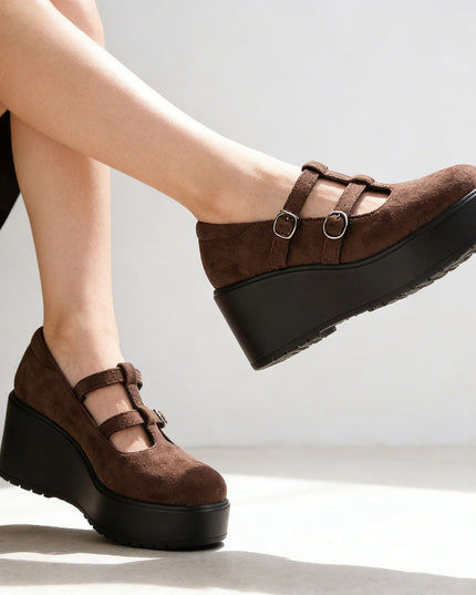 Pantofi casual de dama din piele ecologica intoarsa, cu Platforma, P1282 - Maro