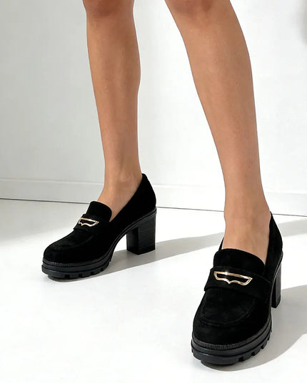 Pantofi casual de dama,Din piele ecologica,Cu toc gros,P1248,Negru OEM