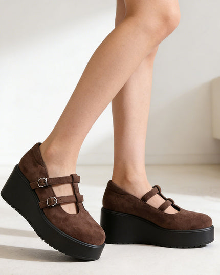 Pantofi casual de dama din piele ecologica intoarsa, cu Platforma, P1282 - Maro