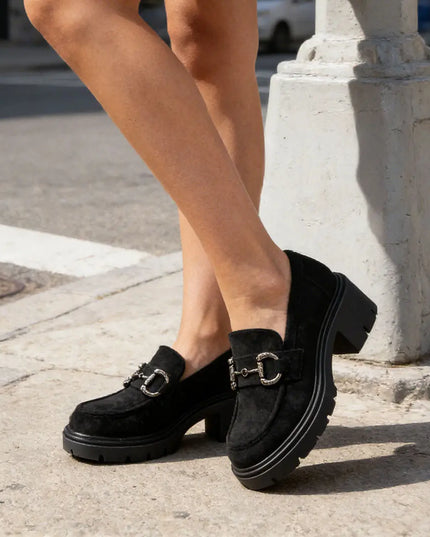 Pantofi casual de dama,Din piele ecologica,Cu toc gros,P1246,Negru OEM