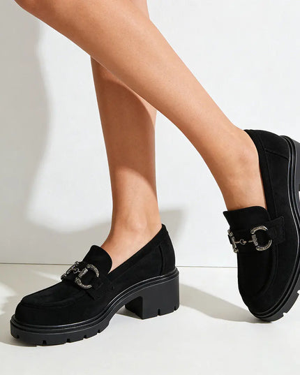 Pantofi casual de dama,Din piele ecologica,Cu toc gros,P1246,Negru OEM