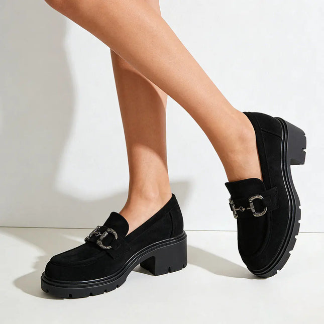Pantofi casual de dama,Din piele ecologica,Cu toc gros,P1246,Negru OEM