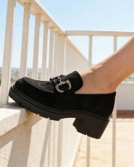 Pantofi casual de dama,Din piele ecologica,Cu toc gros,P1246,Negru OEM