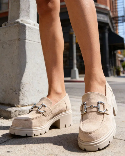 Pantofi casual de dama,Din piele ecologica,Cu toc gros,P1246,Bej OEM