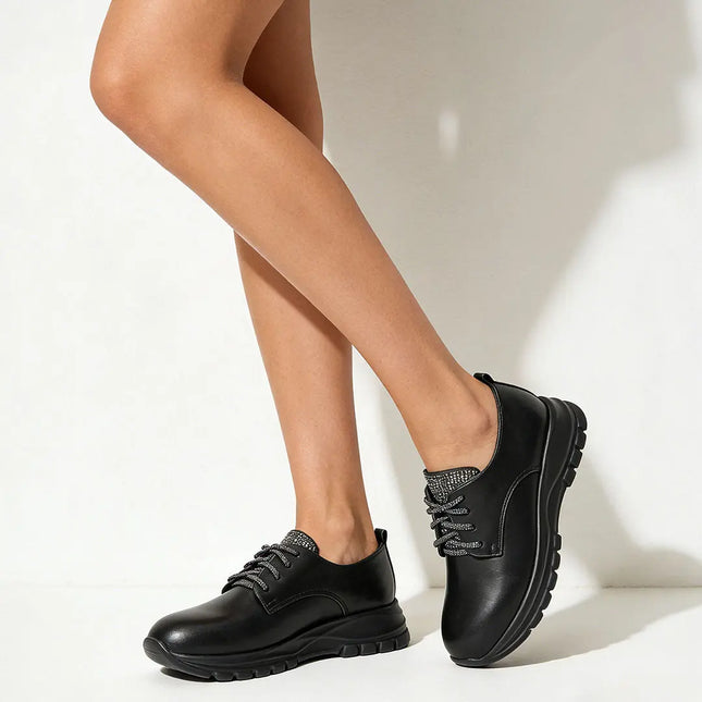Pantofi casual de dama,Din piele ecologica,Cu siret,P1234,Negru OEM