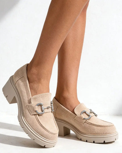 Pantofi casual de dama,Din piele ecologica,Cu toc gros,P1246,Bej OEM