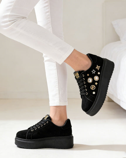 Pantofi Sport De Dama,Cu Platforma,Din piele ecologica ,D1442,Negru