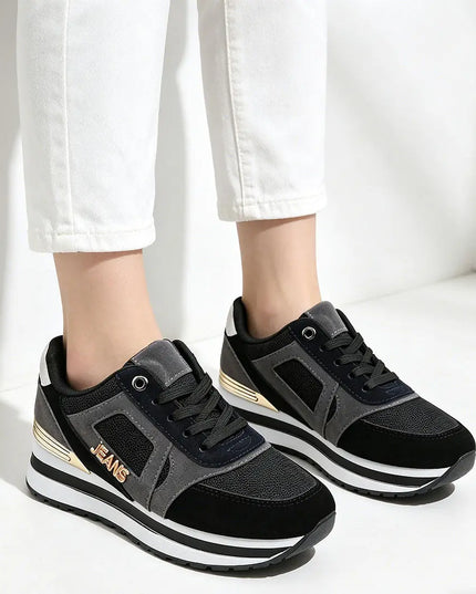 Pantofi sport de dama,D1311,Cu talpa flatform si garnituri din piele ecologica intoarsa,Negru OEM