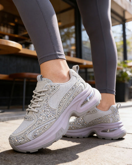 Pantofi Sport De Dama cu Insertii De Plasa si Strasuri, D1414 - Gri